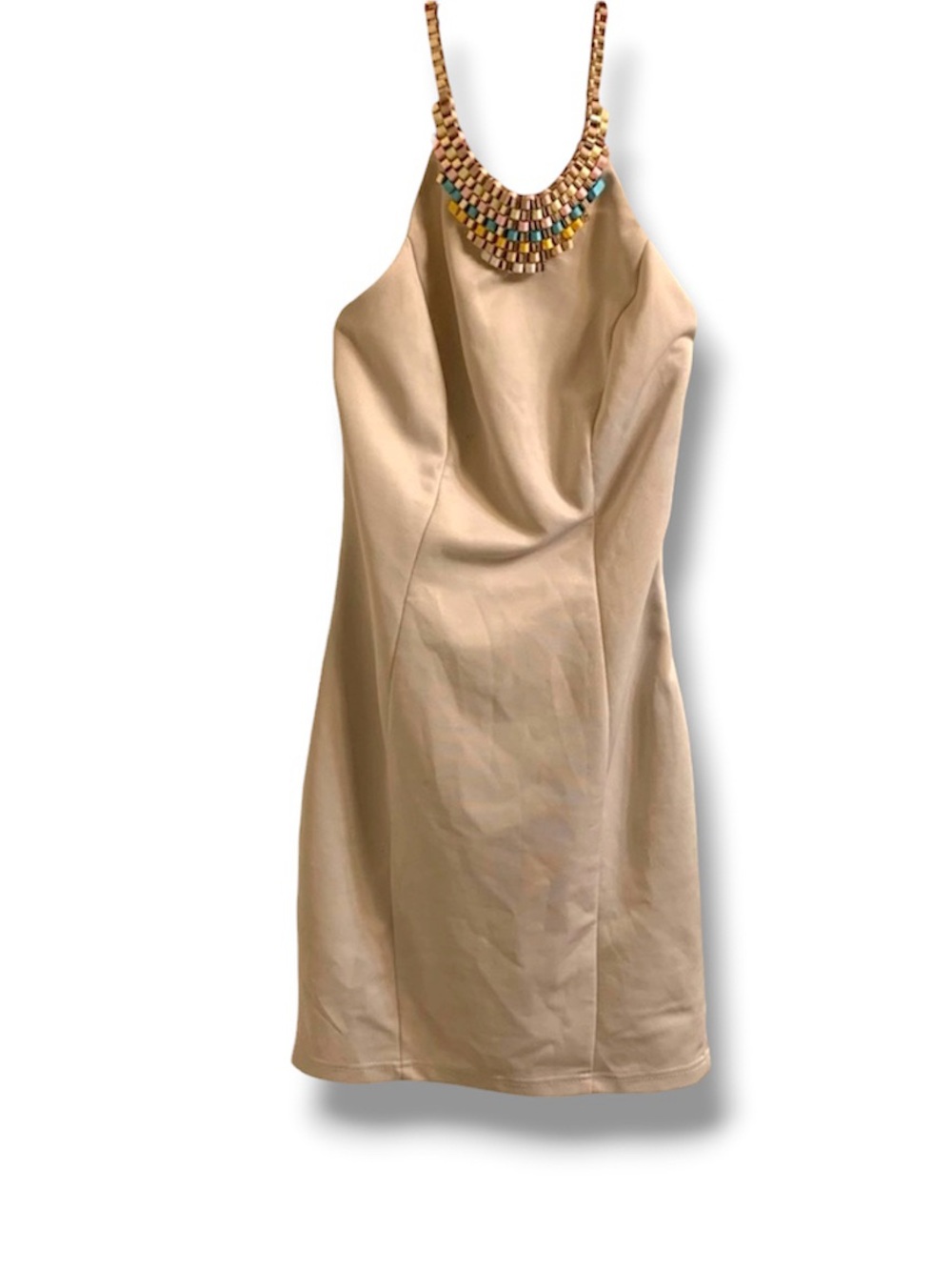 Beige halter dress w/ attached adjustable necklace - Picture 2 of 8